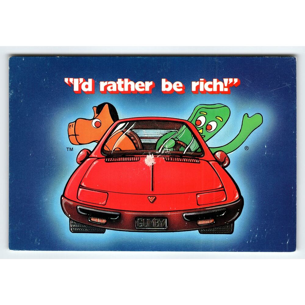 Vintage 1986 Gumby & Pokey 'I'd Rather Be Rich!' Red Car Postcard